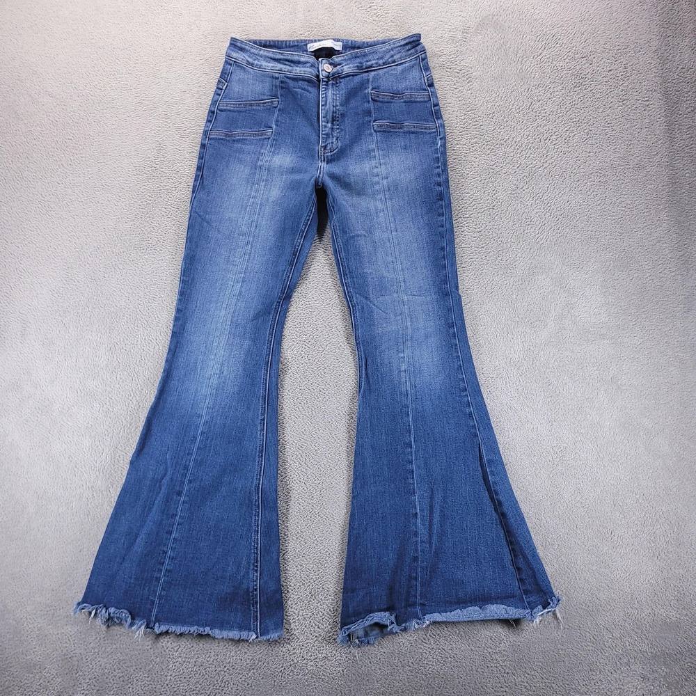 KanCan Jeans Womens 30 Blue High Rise Flare‎ Bell Bottom Raw Hem Stretch Boho